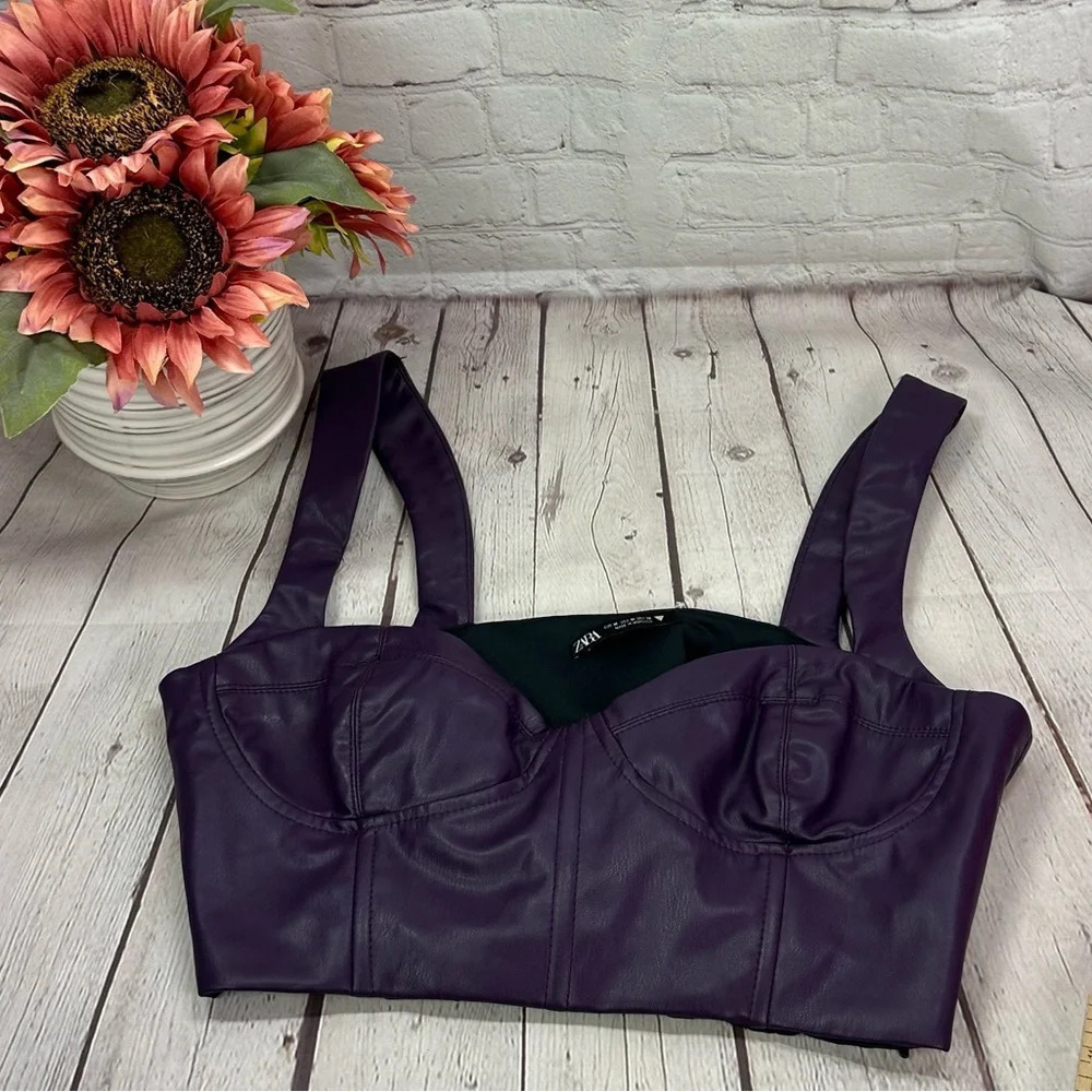 zara bustier top eggplant purple size medium faux leather bra top
